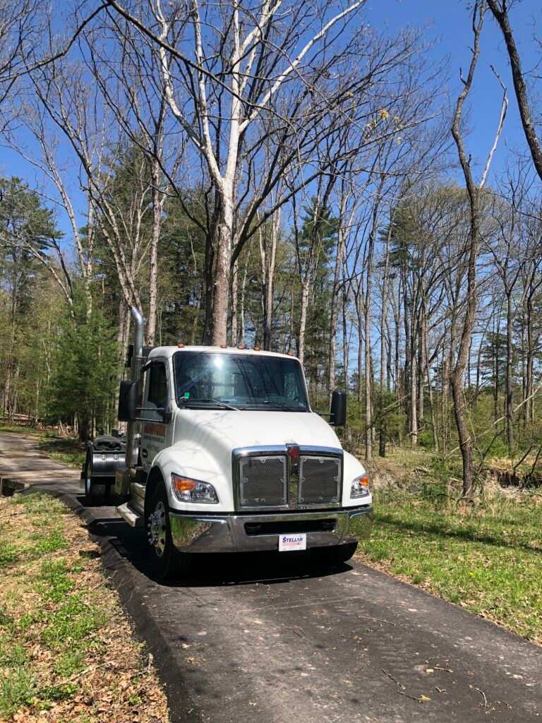 Truck in driveway for a dumpster rental to homeowner